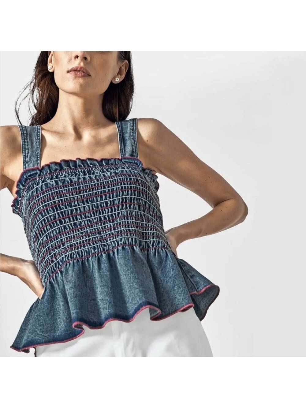 Pilcro Anthropologie Blue Smocked Denim Tank Top Peplum Women’s Size XS